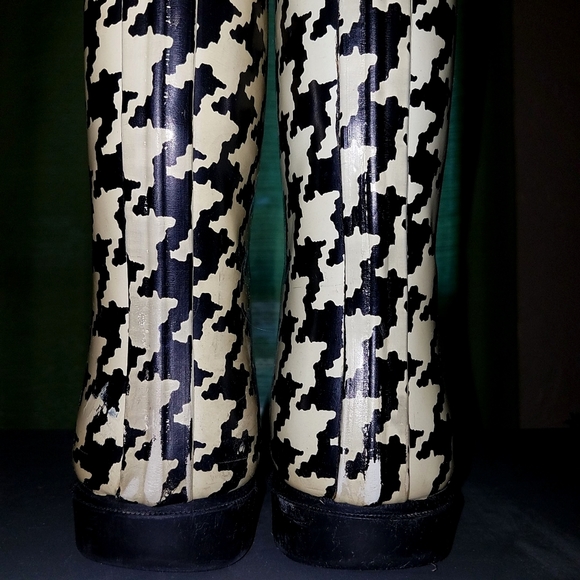 Black White Houndstooth Mid-Calf Pull-On Rubber Rain Boots Adjustable Straps W/6 - Picture 7 of 11